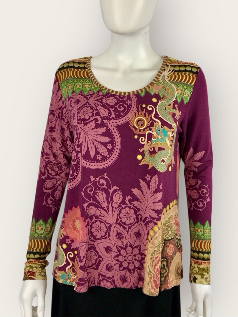 Johnny Was Boho Tee Blouse Pink & Purple Floral Dragon Paisley Design